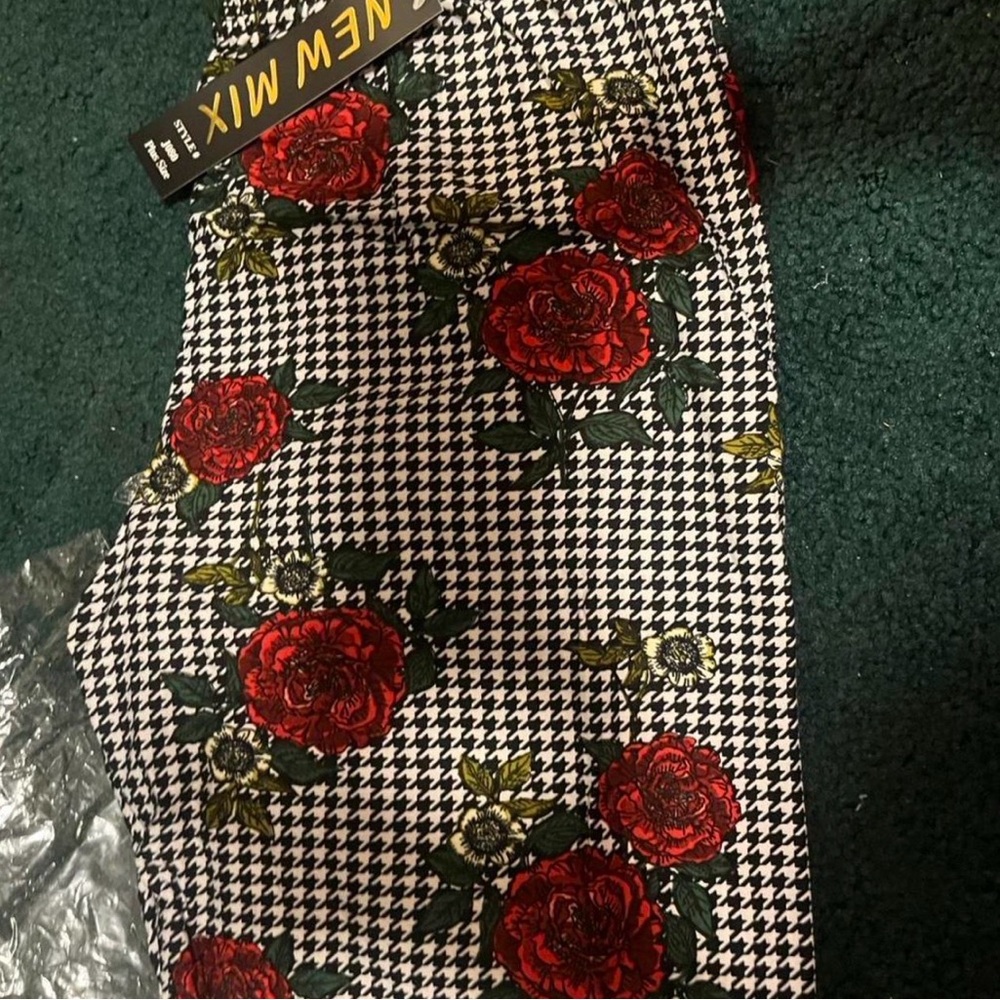 New Mix Black and White Houndstooth with Red Floral Leggings